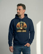 Lama Libre Statement Hoodie in French Navy frontal. Ein bequemer Kapuzenpullover für Herren aus Bio-Baumwolle, ideal für Freigeister und als Geschenkidee.
