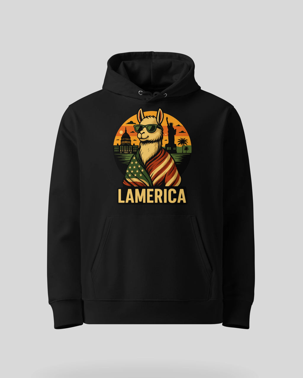 Lamerica Hoodie in Schwarz – Online-Shop Ansicht. Klassische Produktansicht auf weißem Hintergrund.