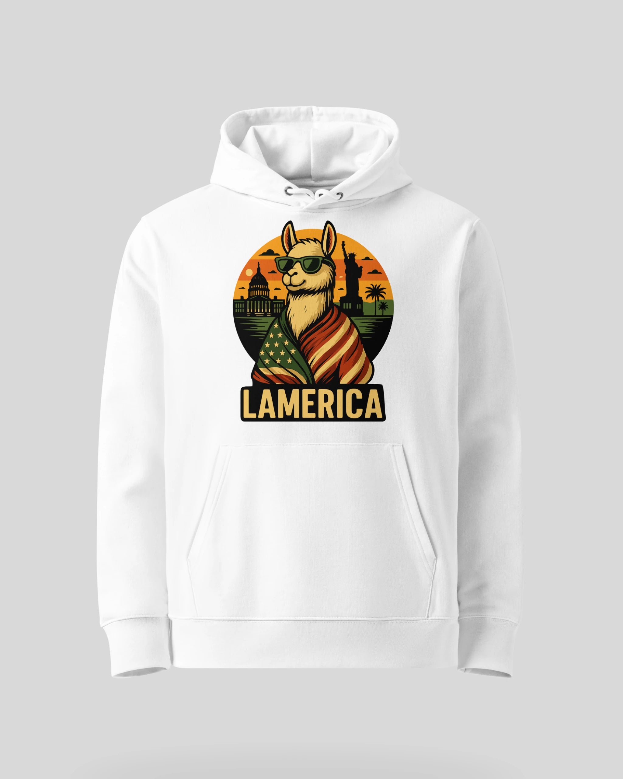 Lamerica Hoodie in Weiß – Online-Shop Ansicht. Klassische Produktansicht auf weißem Hintergrund.