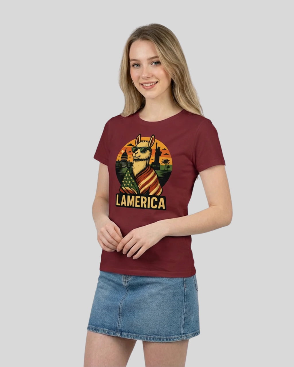 Vorderansicht des Lamerica T-Shirts in Burgundi für Damen. Ein moderner Streetwear-Look aus Bio-Baumwolle, das Freiheit und Stil vereint.