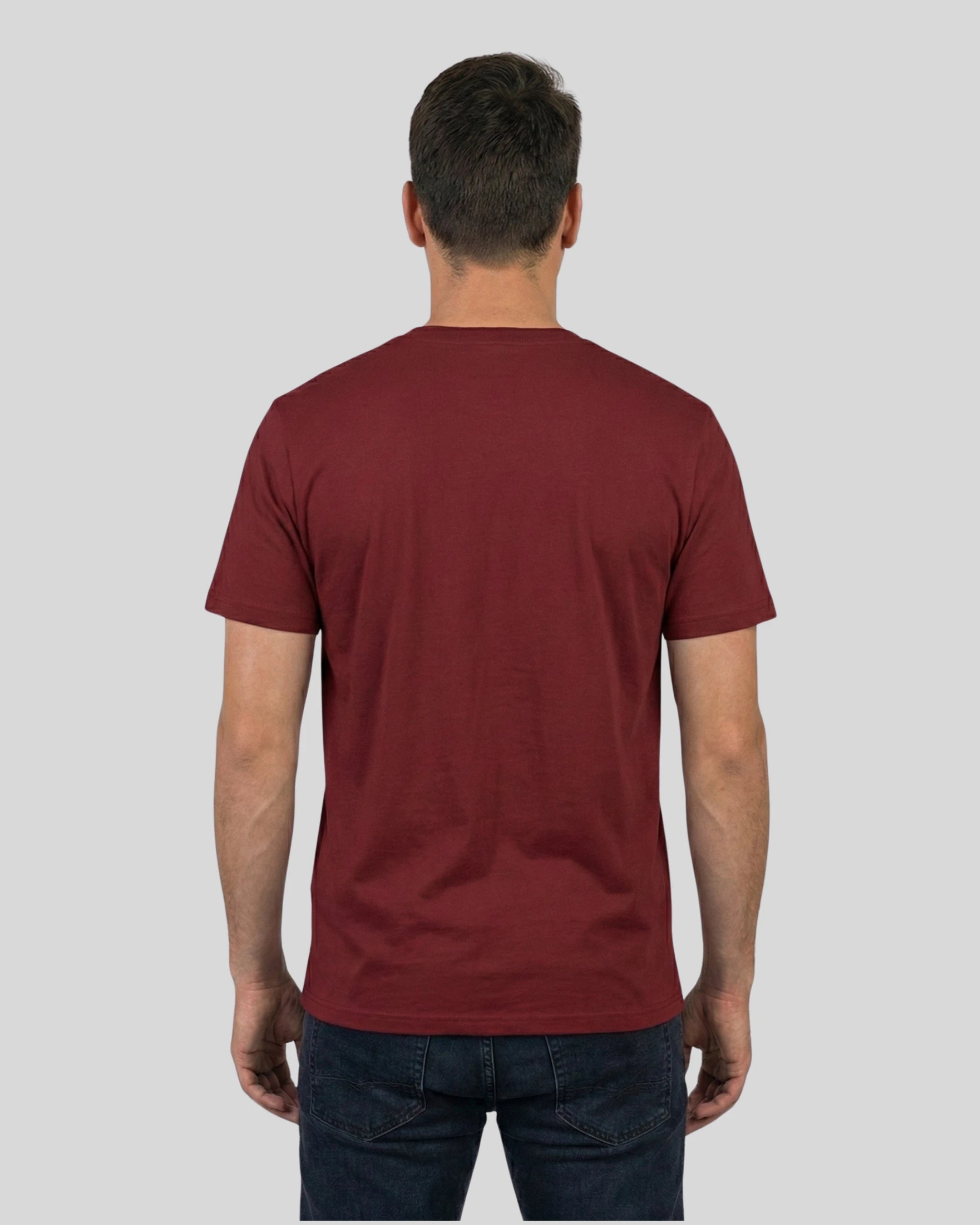 Rückenansicht des Lamerica T-Shirts in Burgundi für Herren. Das lässiges Männer-Outfit unterstreicht den lässigen und ironischen Look.