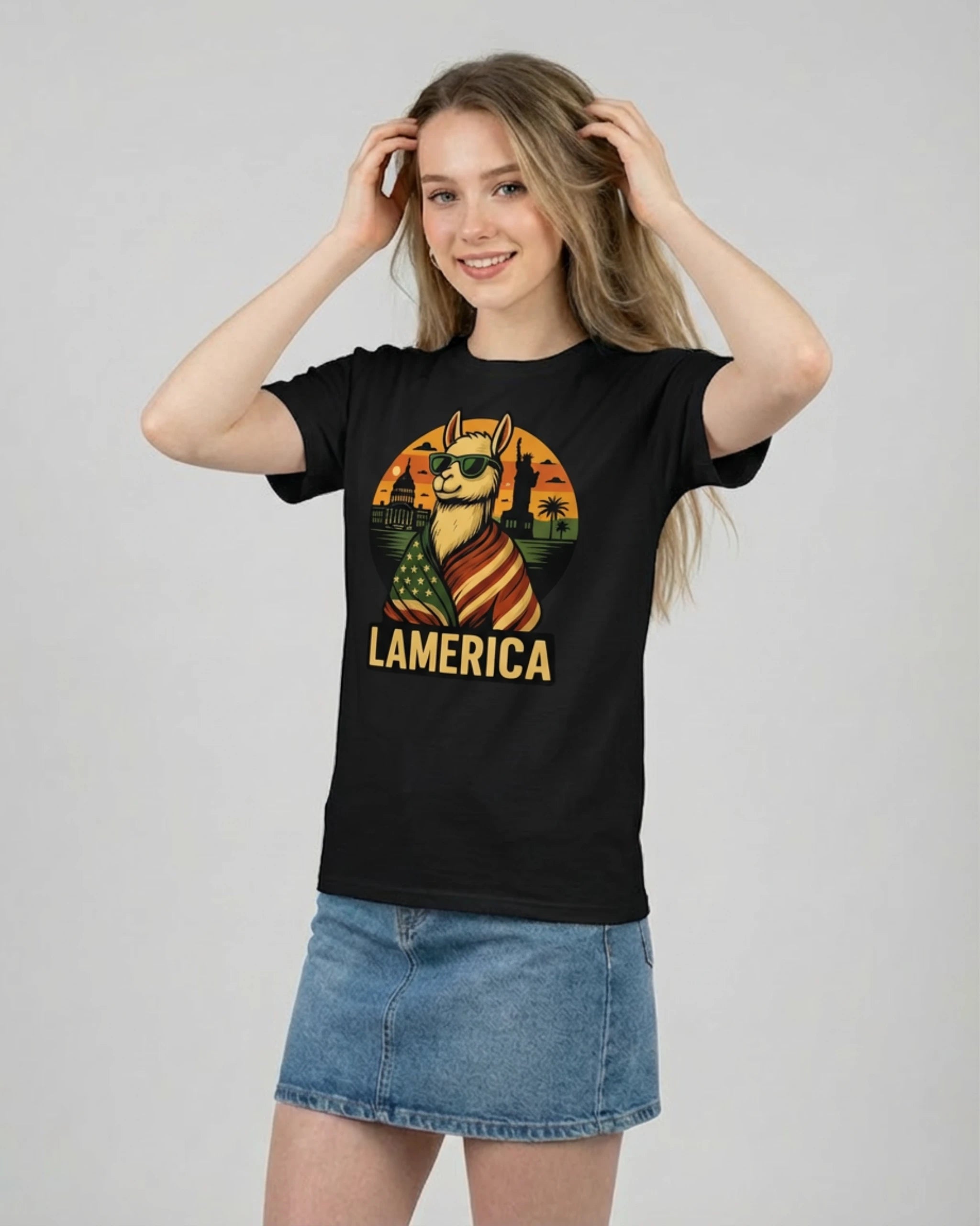 Vorderansicht des Lamerica T-Shirts in Schwarz für Damen. Ein Geschenkidee für sie aus Bio-Baumwolle, das Freiheit und Stil vereint.
