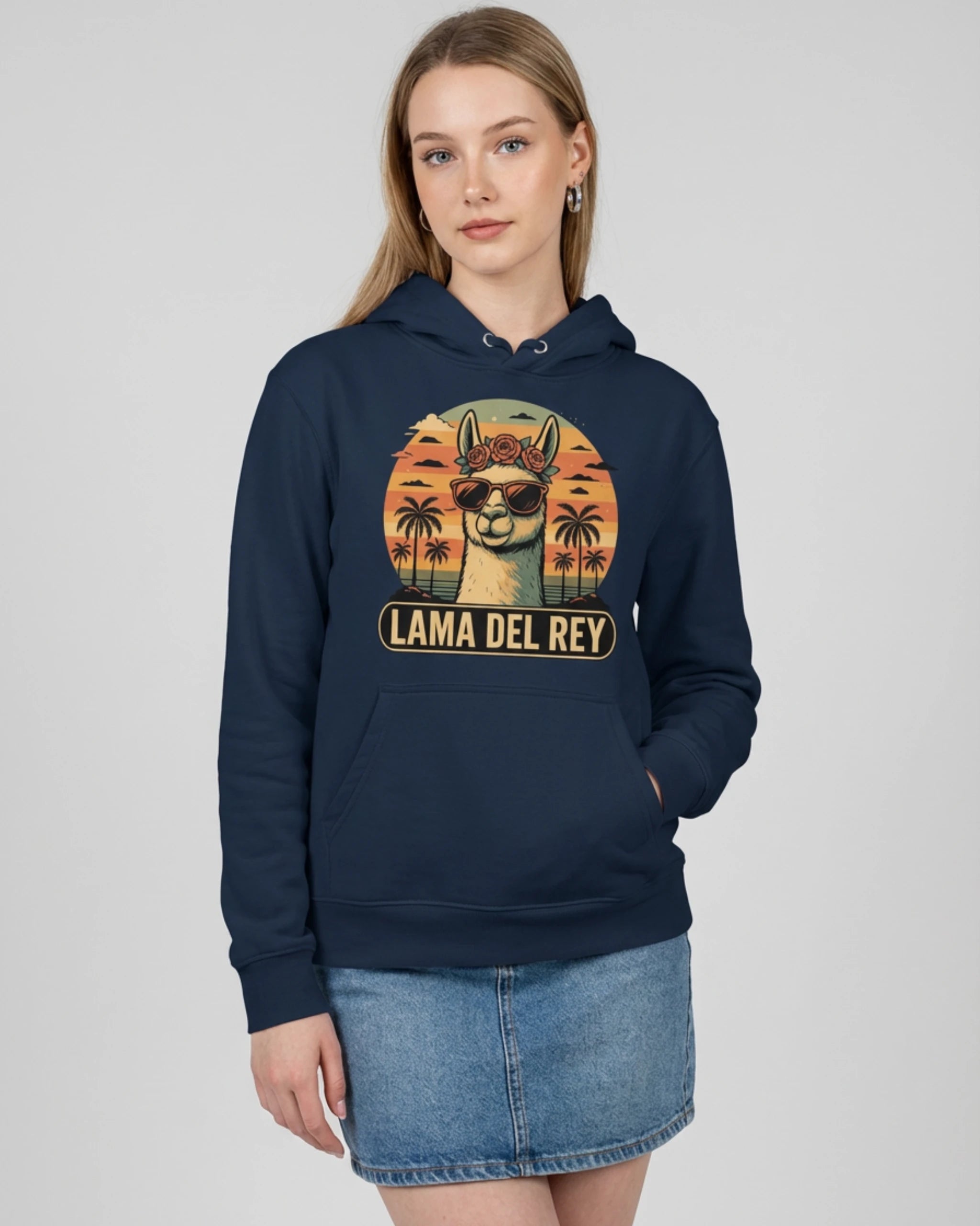 Lama Del Rey Hoodie in Dunkelblau French Navy für Damen Frontalansicht - Geschenk für Musikfans