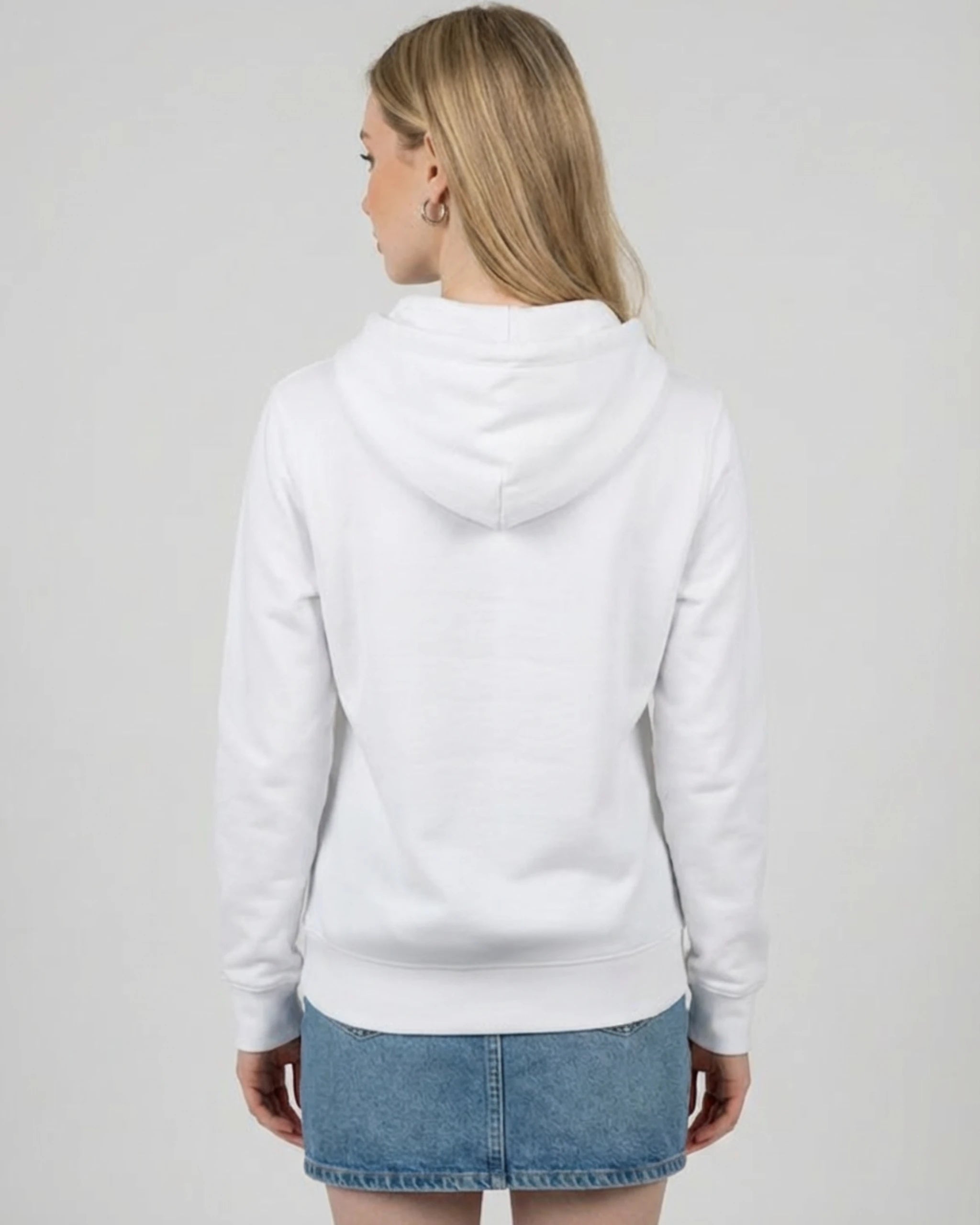 Lama Del Rey Hoodie in strahlendem Weiß für Damen Rückenansicht - Nachhaltige Bio-Baumwolle