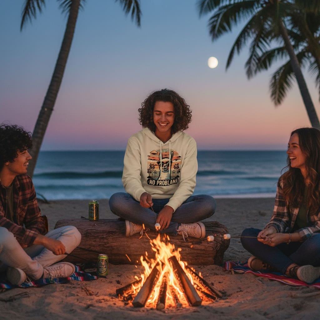 Gemütlicher Abend mit dem "No Problama" Hoodie an einem Lagerfeuer am Strand.