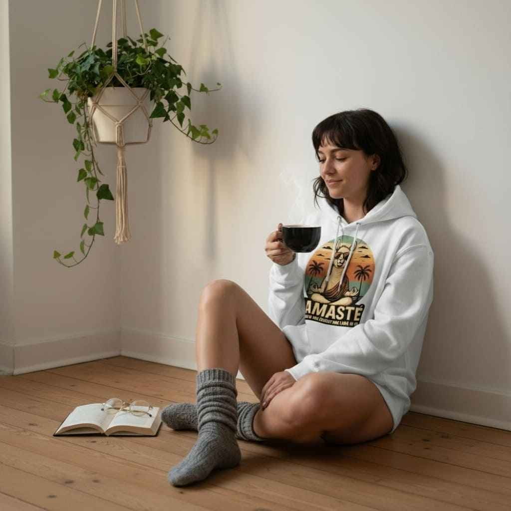 Eine Frau in einem weißen Lamaste Hoodie sitzt gemütlich auf dem Boden, trinkt Kaffee und liest ein Buch, umgeben von einer entspannten Atmosphäre.