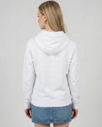Rückansicht des "No Problama" Hoodies für Damen in Weiss, zeigt den cleanen Rücken und die Passform.