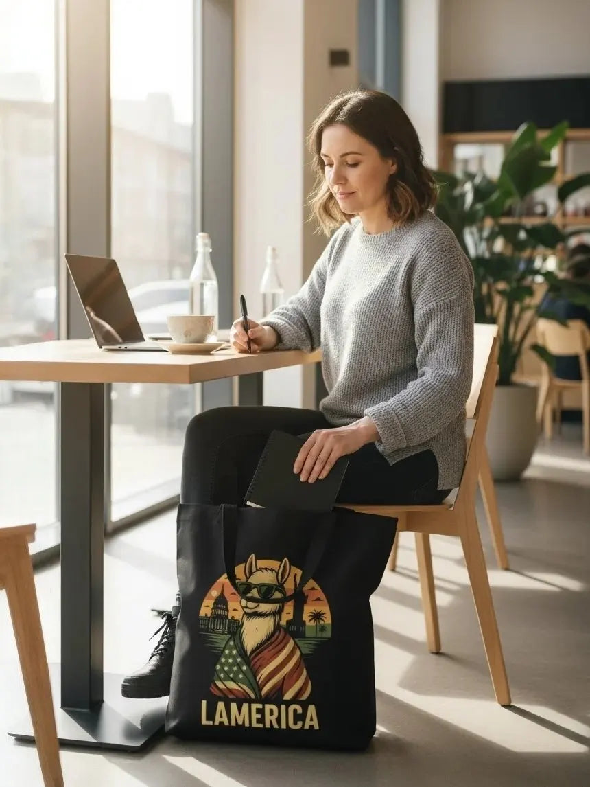 lamerica tasche in coworking | Jutebeutel mit Spruch, große Schultertasche und Stofftasche mit Statement