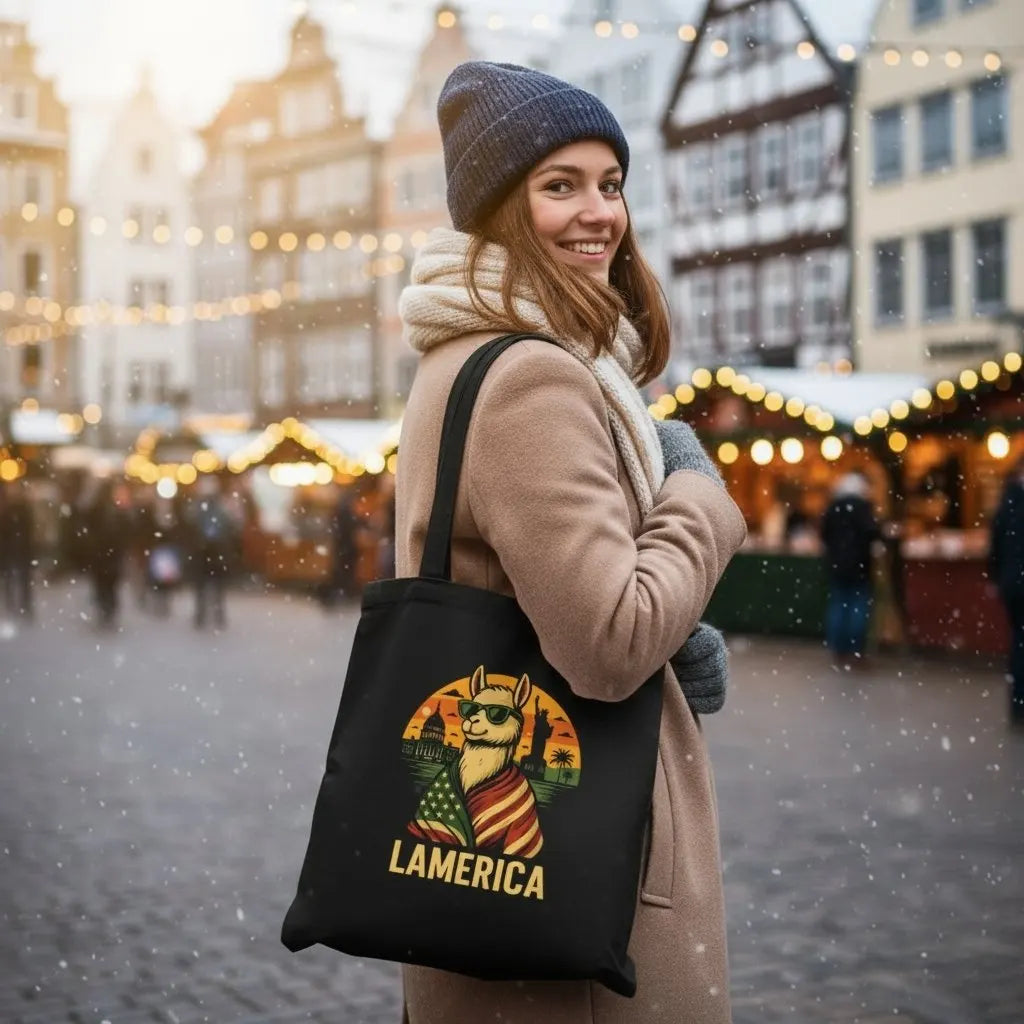 lamerica tasche in weihnachtsmarkt | robuste Tragetasche fuer Uni, nachhaltige Alternative zu Plastik und Jutebeutel mit Spruch