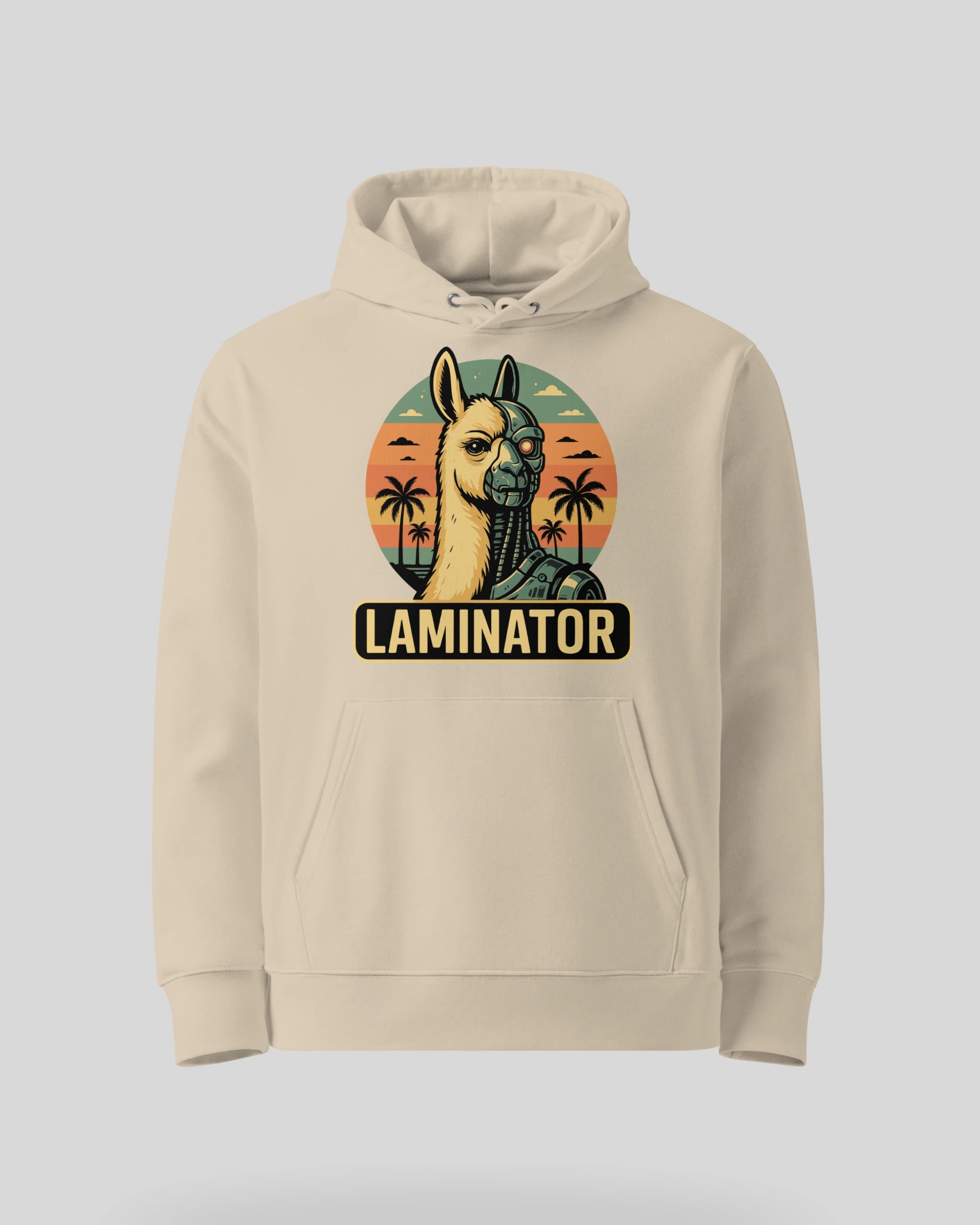 Unisex 'Laminator' Hoodie in der Farbe Desert Dust. Detailreiche Produktansicht des lustigen Geschenks für Gamer.