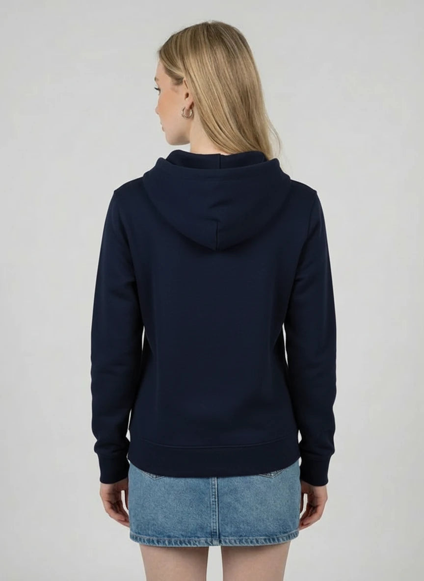 Gamer-Kapuzenpullover 'Laminator' in French Navy für Damen von hinten. Zeigt die hochwertige Verarbeitung.