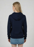 Gamer-Kapuzenpullover 'Laminator' in French Navy für Damen von hinten. Zeigt die hochwertige Verarbeitung.