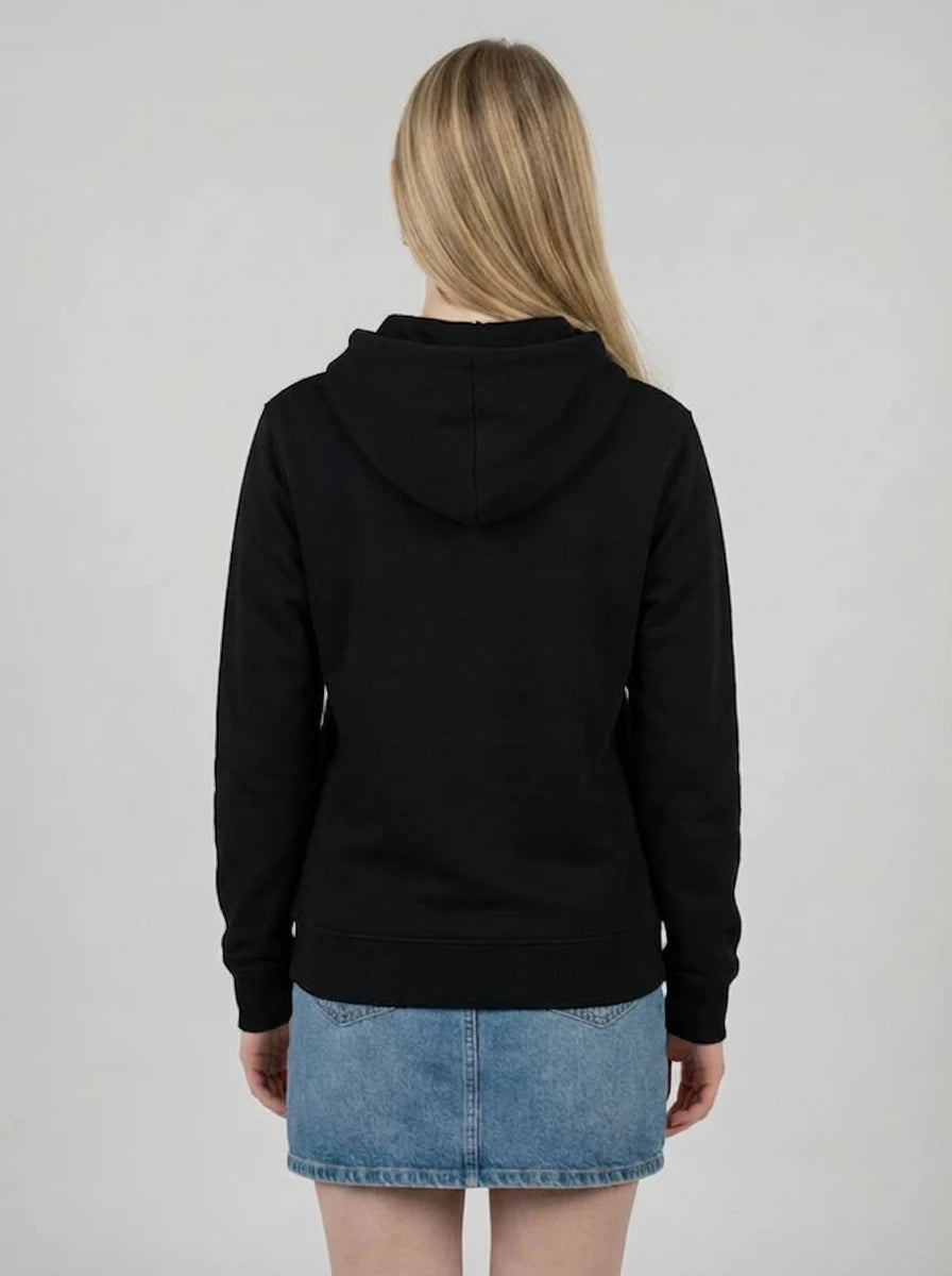 Schwarzer 'Laminator' Kapuzenpullover für Damen von hinten. Ein cooles Nerd-Outfit für den Alltag.