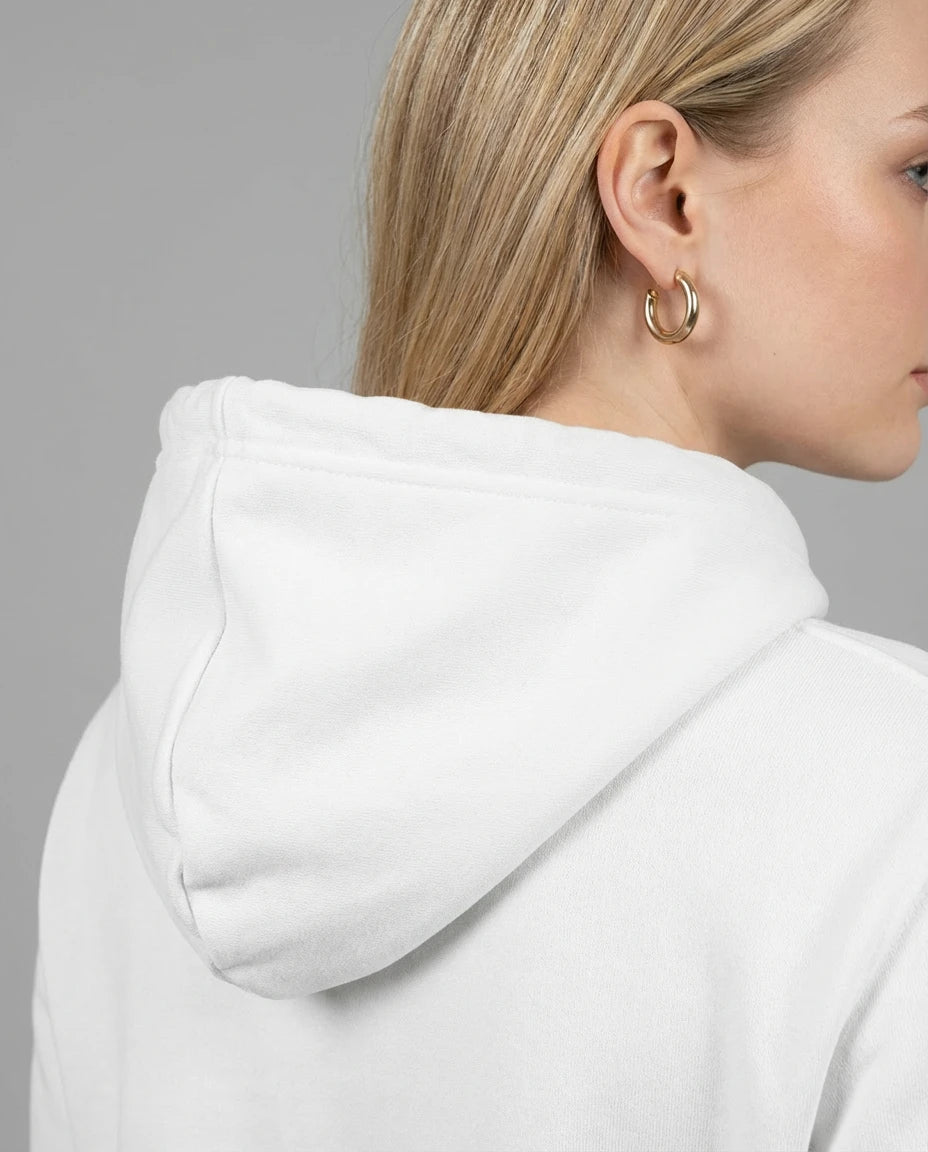 Detail der Kapuze des weißen 'Laminator' Hoodies. Ein Must-have für jede Garderobe eines Gamers.