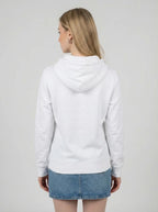 Rückansicht des weißen 'Laminator' Hoodies für Damen. Lässiger und bequemer Nerd-Style.