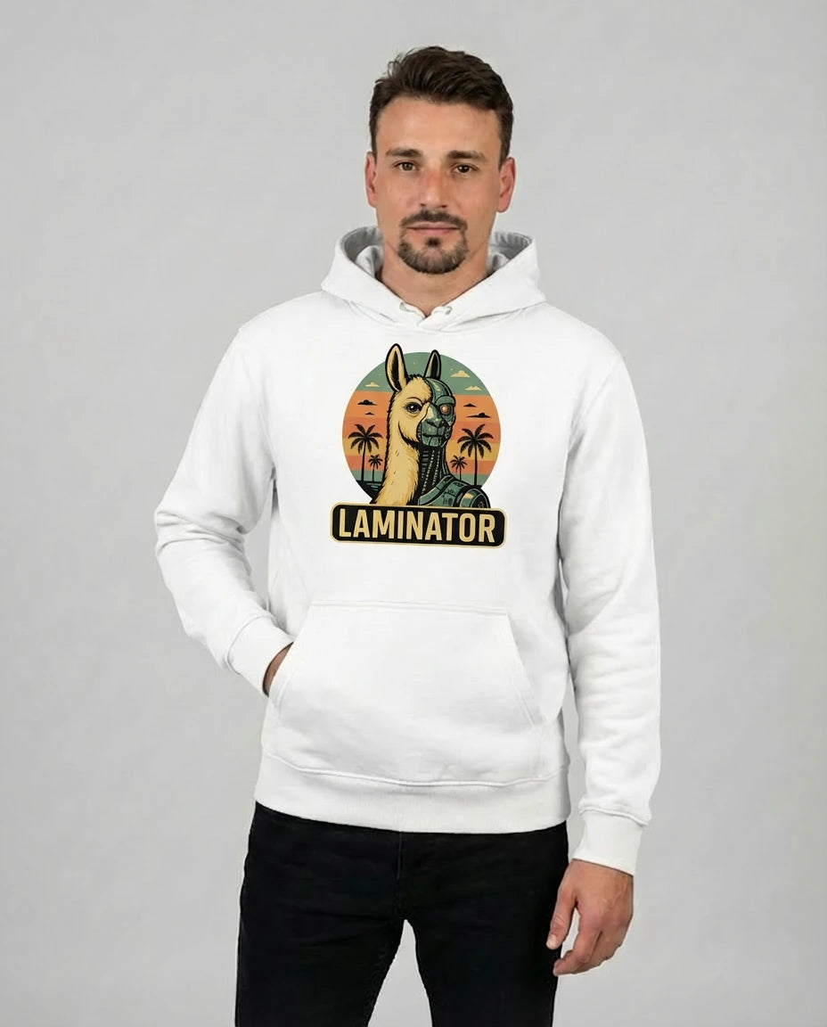 Weißer 'Laminator' Geschenk-Hoodie für Herren. Ein originelles Zocker-Geschenk mit coolem Nerd-Statement.