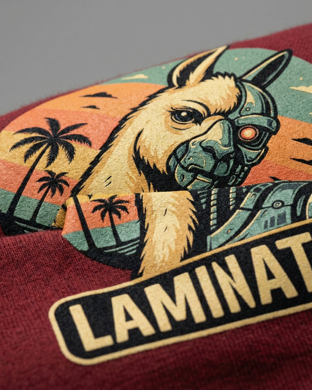 Gamer T-Shirt "Laminator" in Burgundi, Detailansicht des Drucks. Für die nächste LAN-Party.