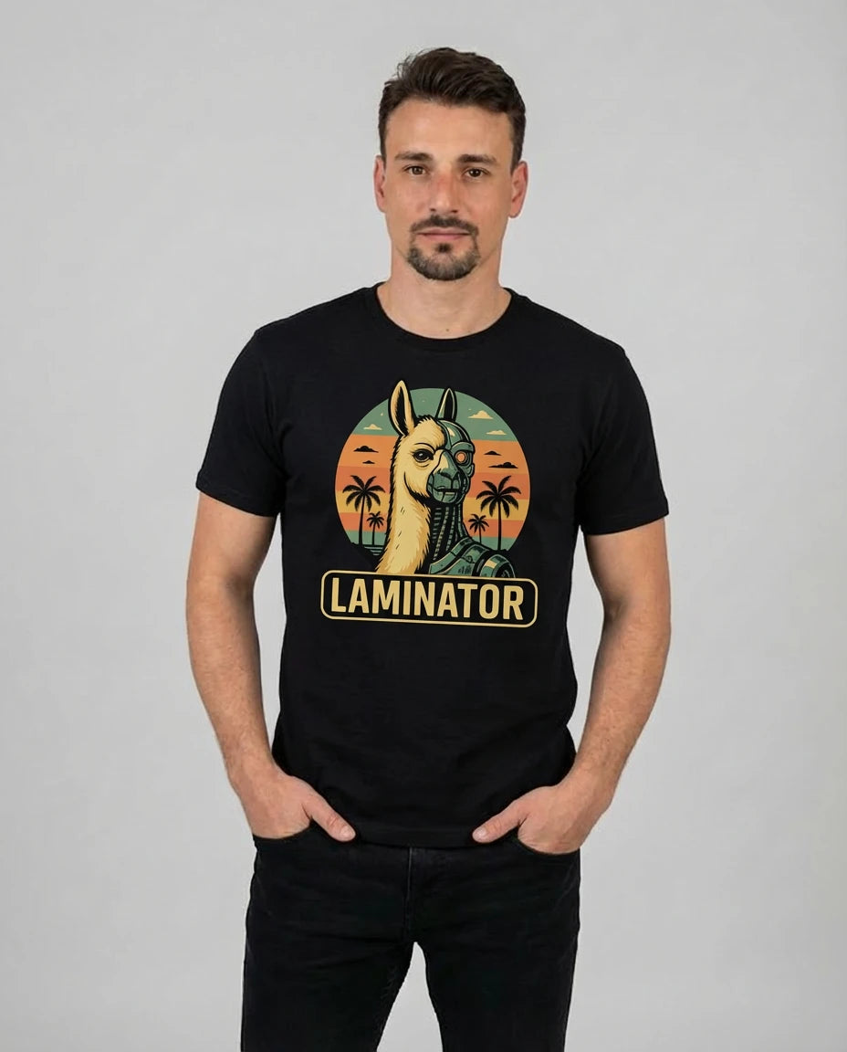 Witziges T-Shirt "Laminator" für Herren in Schwarz, Frontansicht am Model. Für die nächste LAN-Party.