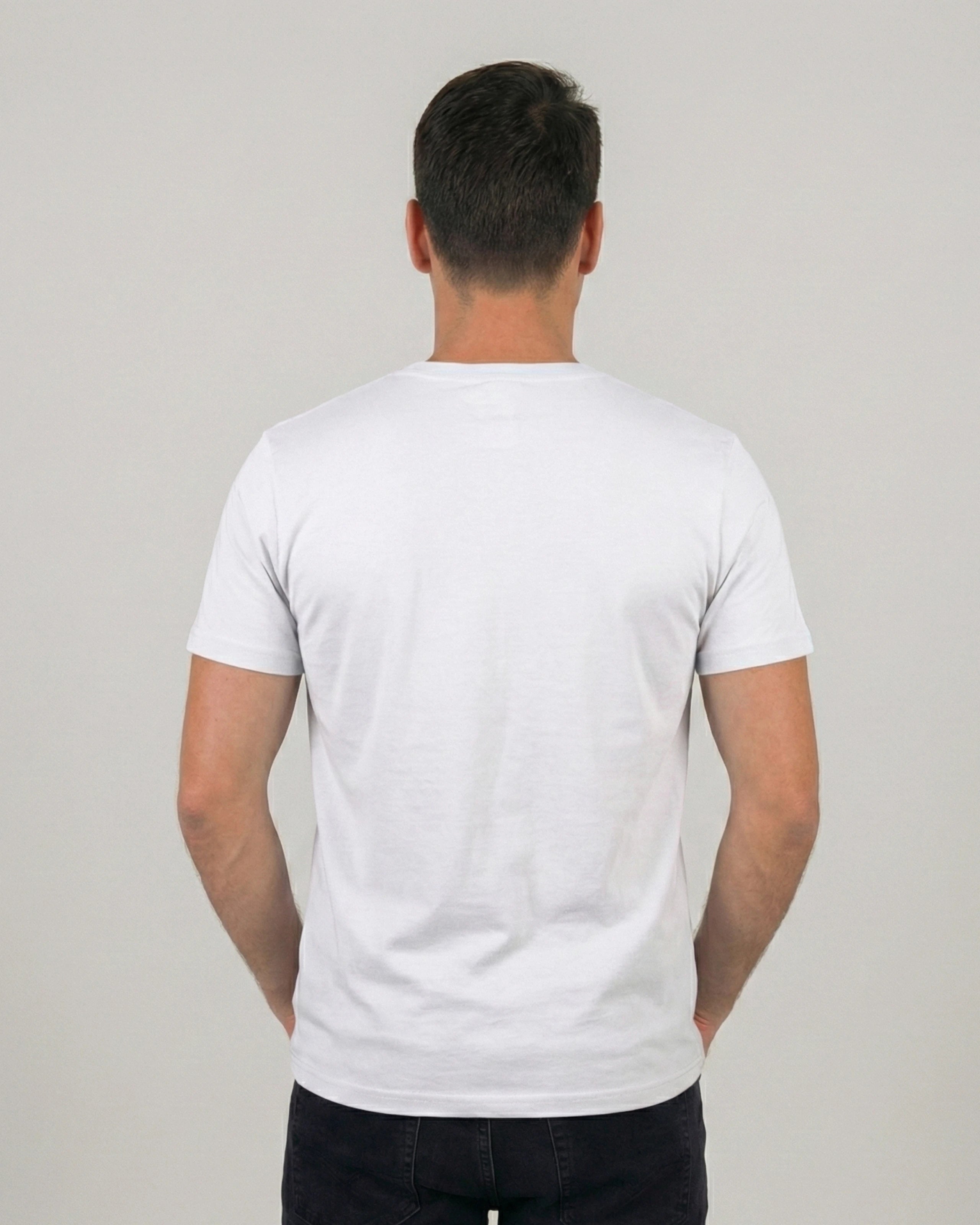 Geek T-Shirt "Laminator" für Männer in Weiss, Rückenansicht am Model. Zeige deine Nerd-Seite.